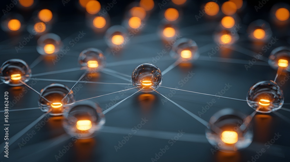 Poster transparent spheres interconnected by a network of lines.