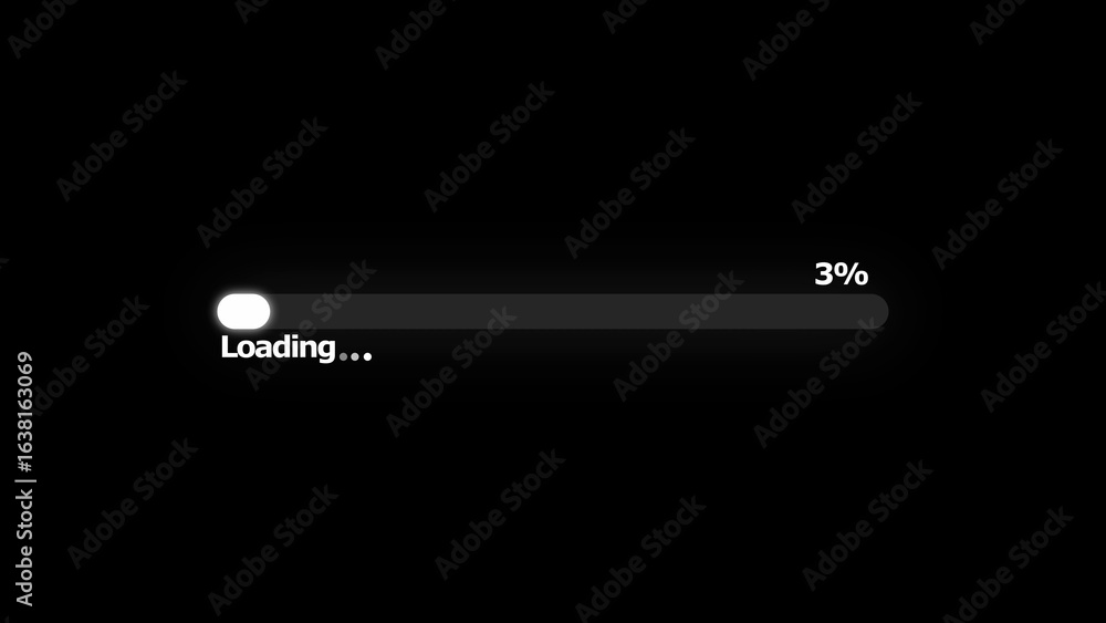 Poster progress bar loading animation with white text and percentage on black background