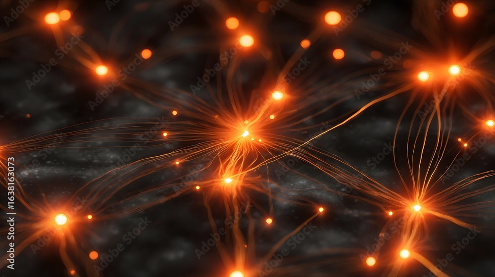 Poster an intricate network of glowing orange nodes and lines.