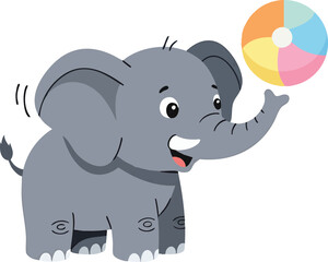 Obraz premium Cartoon elephant joyfully playing with a colorful beach ball, trunk raised high.