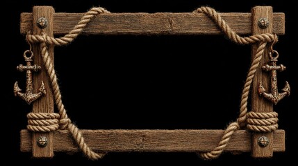A rectangular wood-framed design, adorned with knotted rope and nautical anchor decorations, set against black