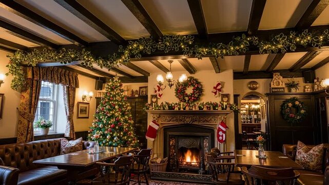 Cozy traditional English pub decorated for Christmas. Festive holiday interior with fireplace, Christmas tree, and warm lighting.