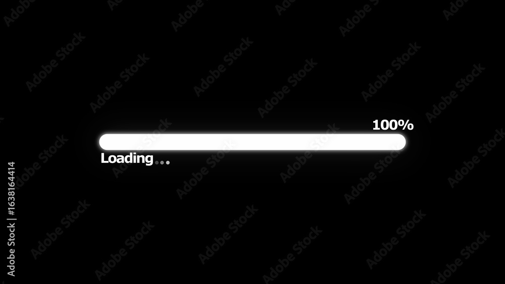 Poster white loading bar reaching 100 percent on black background digital progress indicator