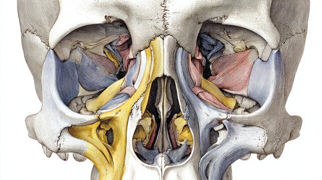 Anatomical poster-style diagram of the sphenoid region showing articulations with other cranial bones