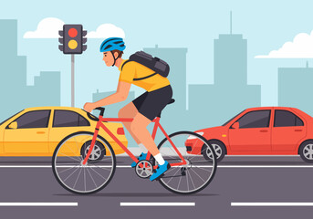 Fototapeta premium Flat vector cyclist riding bicycle city traffic