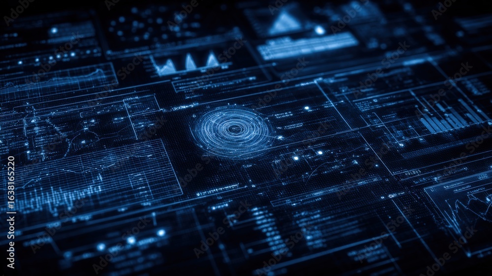 Poster abstract blue digital interface with data charts and futuristic hud elements for technology