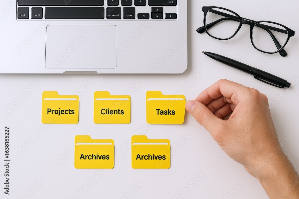 Aufkleber efficient workflow with digital folders: organizing projects, clients, and tasks on a modern workspa