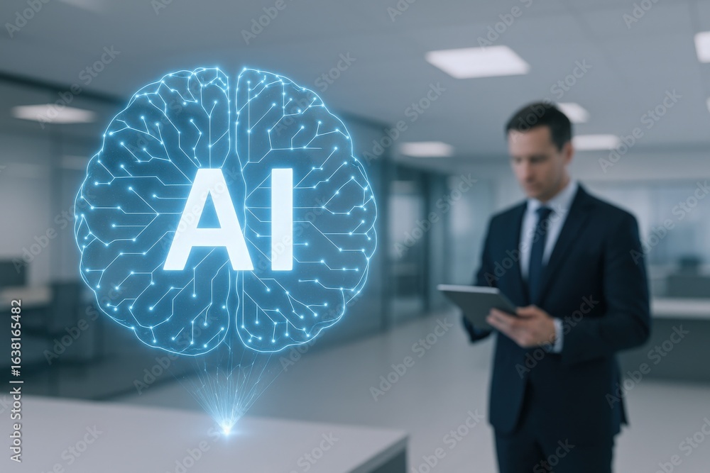 Poster businessman navigating artificial intelligence: holographic brain interface for advanced technology 