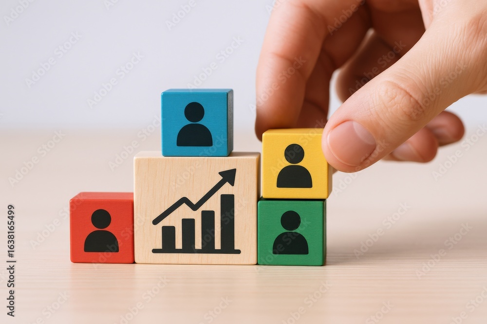 Poster building a business team: hand placing block on stacked cubes representing growth and human resource