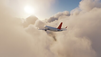 Commercial Airplane Flying Through Fluffy Clouds on a Sunny Day Adventure and Travel Concept