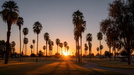 Palm trees line a golf course at sunset.