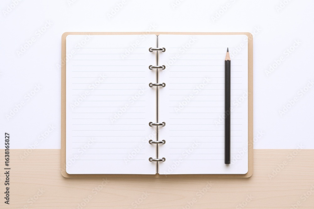 Poster open notebook with blank lined pages and pencil, top view on neutral background