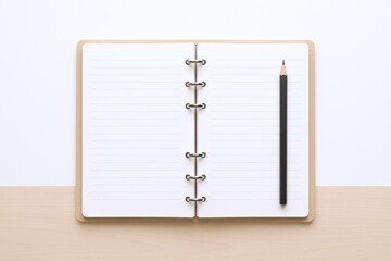 Open Notebook with Blank Lined Pages and Pencil, Top View on Neutral Background