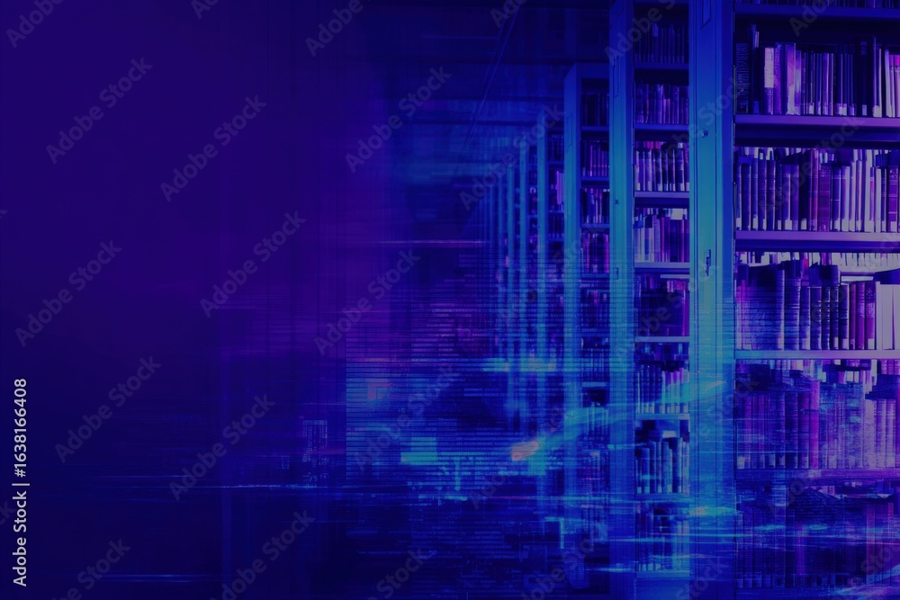 Poster futuristic library bookshelves with abstract data visualization overlay, representing knowledge, inf