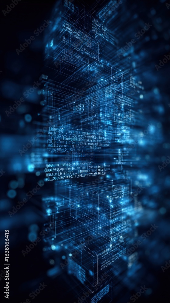 Poster abstract technology background with blue digital data and geometric shapes for futuristic innovation