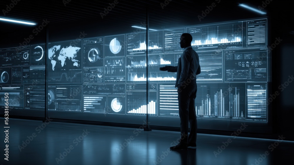 Aufkleber data visualization expert analyzing complex financial charts and global network statistics on transp