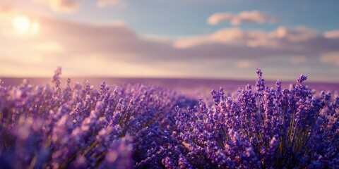 Fototapeta premium Lavender Field at Sunset: Aromatic Purple Flowers in Bloom Under a Golden Sky
