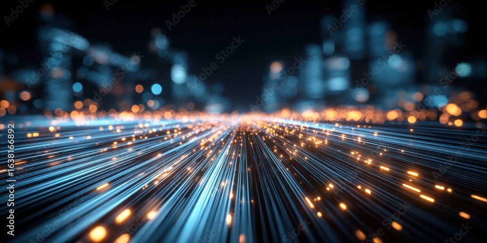 Poster futuristic cityscape with glowing data streams and modern architecture visualization for digital inn