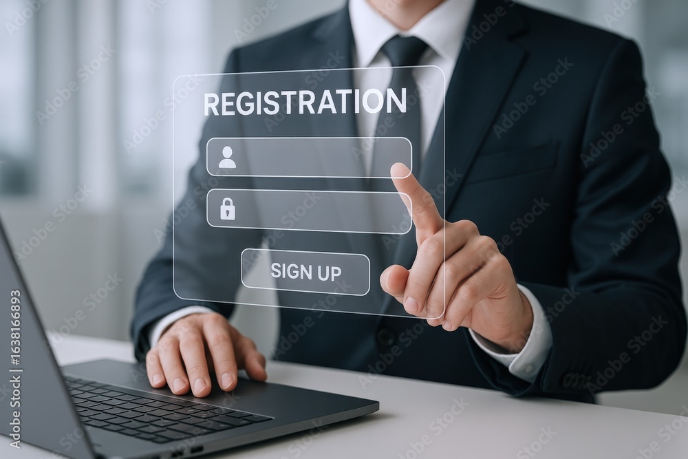 Poster business professional using online registration form on digital interface to sign up for services an