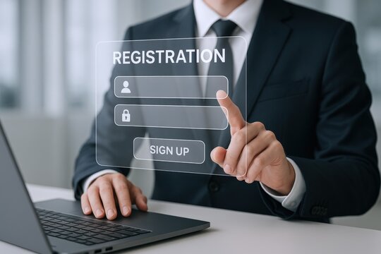 Business professional using online registration form on digital interface to sign up for services and access
