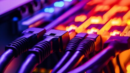 Close-up of high-speed LAN cables connected to a modern server room with vibrant lighting