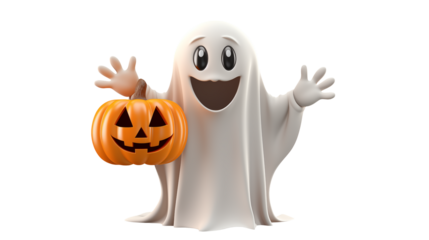 Joyful cartoon ghost cheerfully holding a carved jack-o'-lantern, ready to celebrate Halloween with spooky delight and festive fun for all