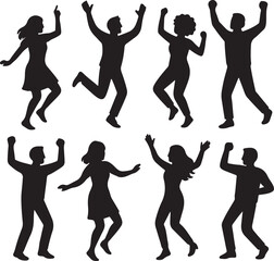 Fototapeta premium vector set of silhouttee dancing people in joyful celebration poses on white background