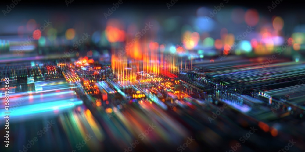 Poster abstract technology background with dynamic lines and bokeh lights, representing futuristic innovati