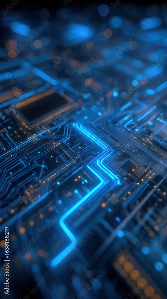 Poster abstract technology background with glowing circuit board lines, data flow, and modern hi-tech desig