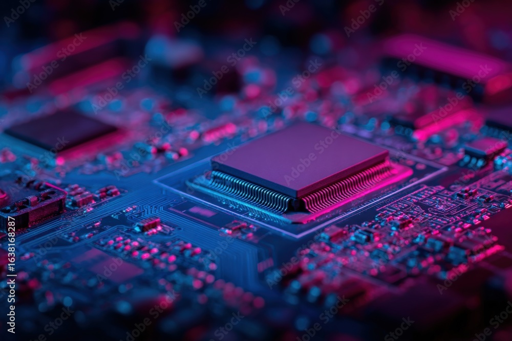 Poster close-up of a modern computer chip with intricate circuitry and neon lighting, highlighting technolo