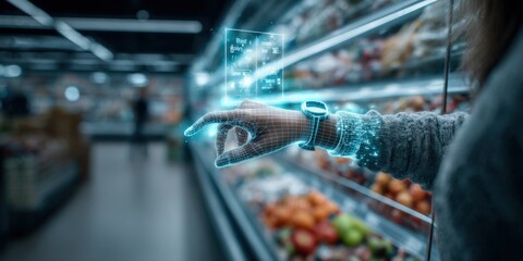 Futuristic shopping with digital interface in supermarket aisle, illustrating advanced technology integration and consumer experience