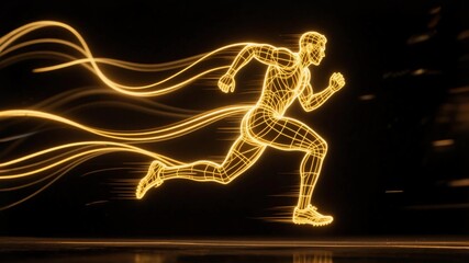 Fototapeta premium Golden line art style, the image of an athlete in a long run, surrounded by a golden energy and light effect, against a dark background