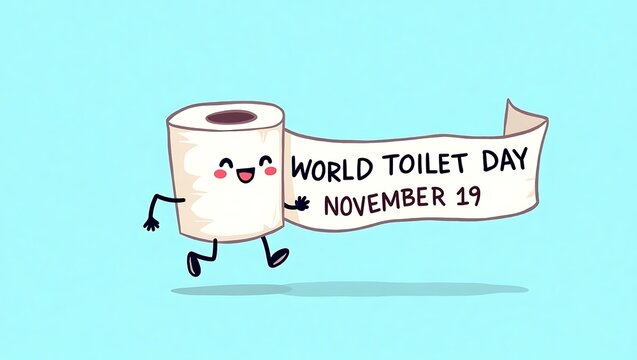 Happy toilet paper character celebrates world toilet day with a banner