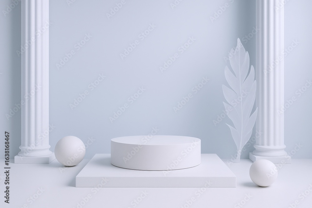 Poster elegant white podium display with columns and feather for product showcase and presentation