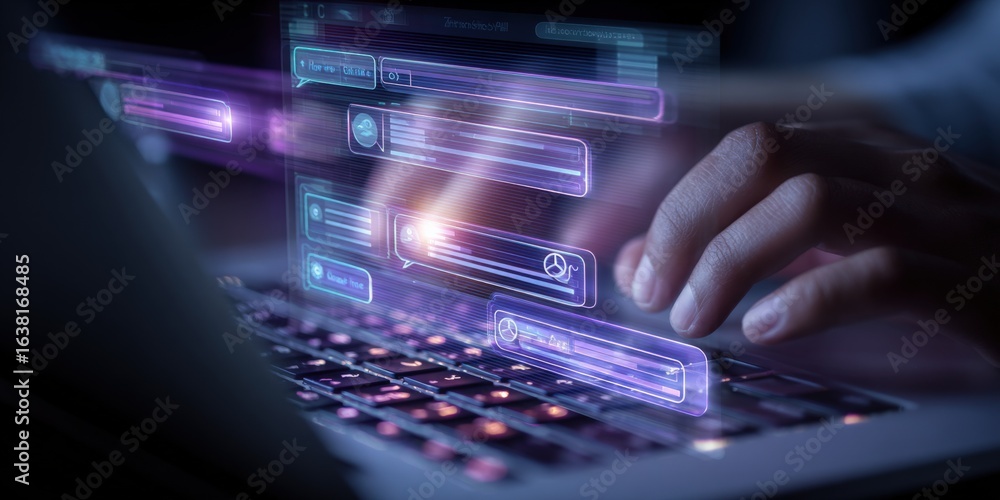 Poster data processing on laptop with holographic interface, user experience and technology concept