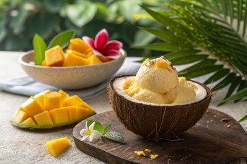 Mango Ice Cream in Coconut Shell with Mango Slices and Flowers