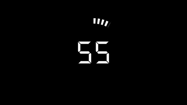 Modern countdown one minute animation from 60 to 0 seconds. Alpha channel. Flat design with animation on black background. 4K animation video