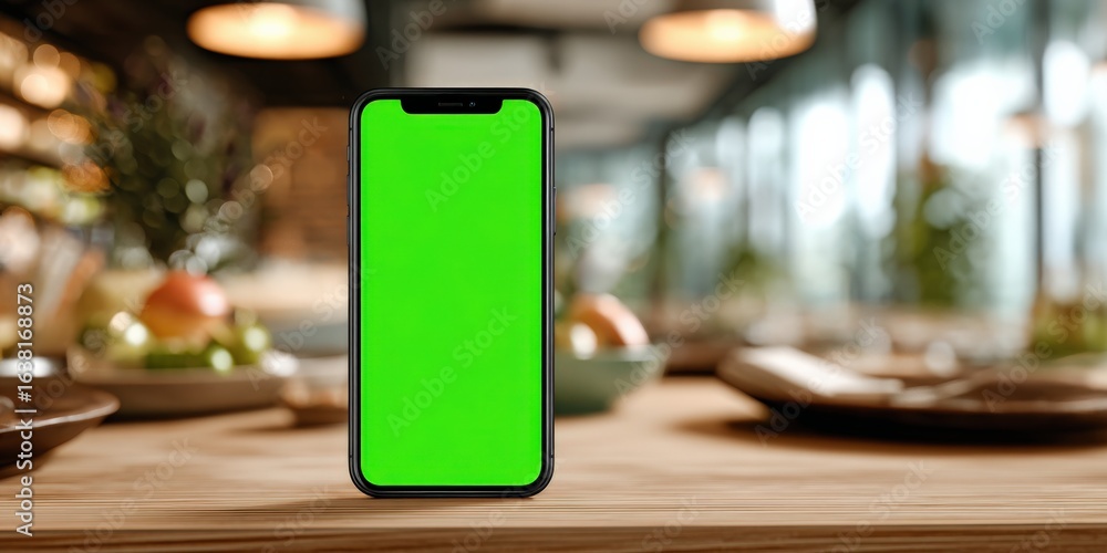 Aufkleber mobile phone with green screen display on dining table, perfect for ui/ux design and app promotion