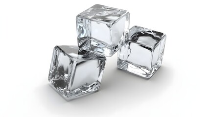 3D render of three translucent ice cubes resting on a white surface, exhibiting reflections and imperfections.