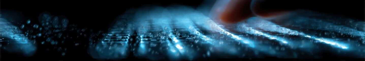 Fototapeta premium Abstract Keyboard with Fingers Typing, Futuristic Interface and Data Stream, Dark Background