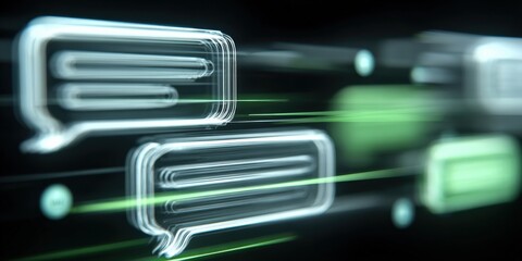 Futuristic Communication Concept: Glowing Speech Bubbles Representing Digital Dialogue and Instant Messaging on Dark Background