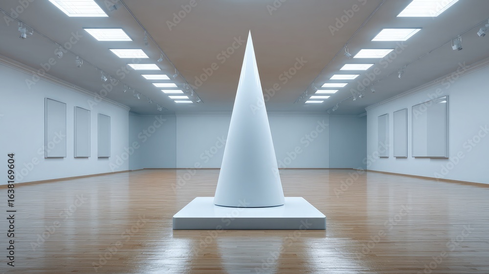 Poster spotlight cone over an empty display table in minimalist gallery space