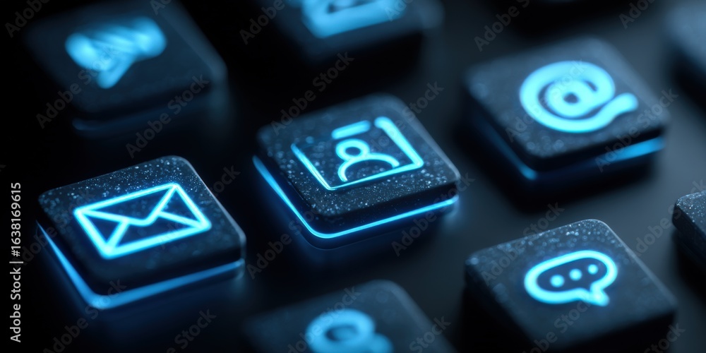 Aufkleber glowing social media button icons representing communication, connection and digital interaction in 
