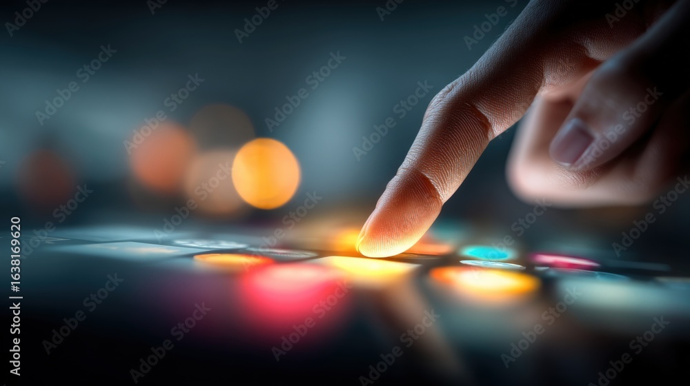 Poster close-up of finger touching illuminated screen, representing modern technology and interactive digit