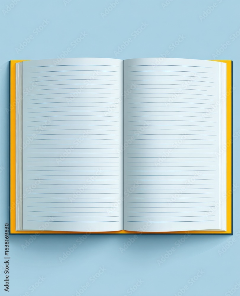 Poster open notebook with lined pages on blue background: perfect for writing and design mockups