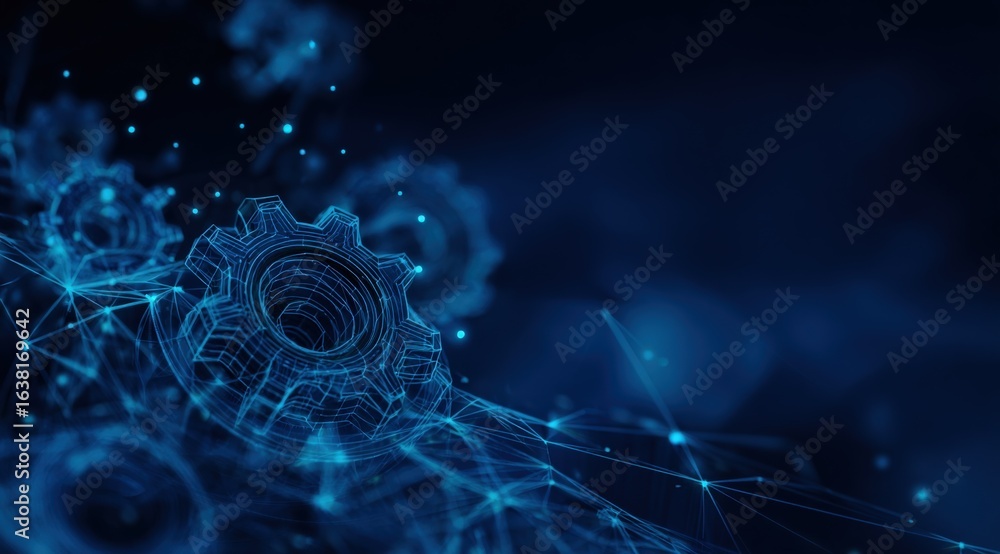 Poster abstract technology background with glowing gears and network connections, representing innovation a