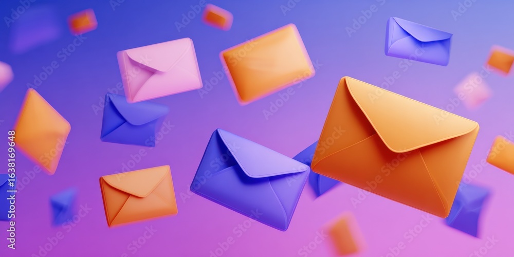 Aufkleber abstract 3d render of colorful flying envelopes against gradient background for email marketing conc