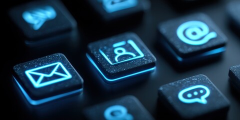 Glowing Social Media Button Icons Representing Communication, Connection and Digital Interaction in a Technological Environment