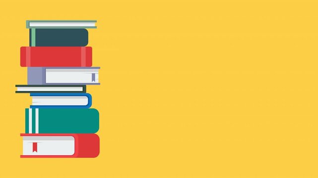 Copyspace presentation falling pile books sliding loop animation colorful on yellow background