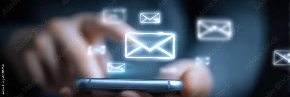 Poster mobile communication concept: person using a smartphone with email icons, messaging and connectivity